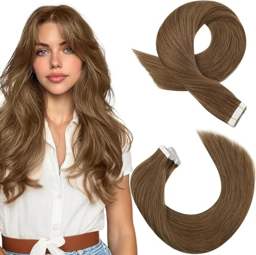 Moresoo Tape in Extensions Echthaar Hellbraun 35 cm 20 Stück 50g Seidig | Ohne Kleber Anwendung, Dünner Ansatz, Mehr Volumen, Haarverdichtung, Für Alltag Und Salon Geeignet