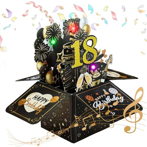 18 Anni Biglietto Auguri, Auguri Pop Up Compleanno 3D Musicale e Luce Gadget Compleanno 18 Anni Biglietti Auguri 18 Compleanno Regali con Busta e Carta Portachiavi per Ragazze Ragazzo Fidanzata(Nero)