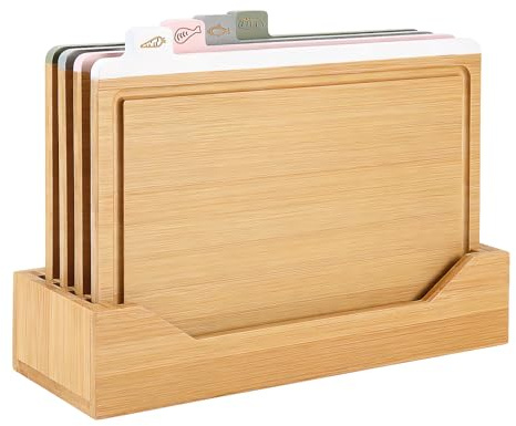 5 Pcs Wooden Cutting Boards for Kitchen, Cutting Board Set with Holder, Natural Wooden Chopping Board with Juice Groove Ideal for Vegetables, Meat, Fish, Bread
