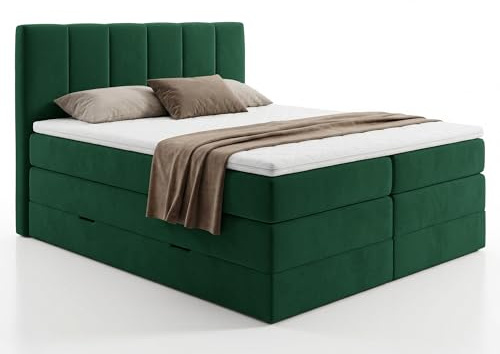 Sofnet Boxspringbett Star XL mit 2 Bettkästen und Topper, mit Taschenfederkern- und Bonellfederkernmatratze, Doppelbett, Polsterbett aus Veloursstoff mit Stauraum (Grün (Kronos 19), 160 x 200 cm)