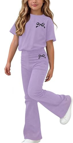 NSICBMNO Girls Tracksuit Kids Cute Bow Print Short Sleeve T Shirts And Flared Trousers Set 2 Piece Outfits Teens School Gym Street Dance Active Wear Casual Sweatsuit For 11-12 Years,Purple