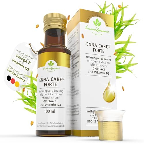ENNA Care® FORTE Omega-3 Algenöl – vegane Fischöl-Alternative – mit DHA & EPA + pflanzlichem Vitamin D3 – flüssiges Omega-3 Nahrungsergänzungsmittel – nur 5 ml Tagesportion (100 ml)