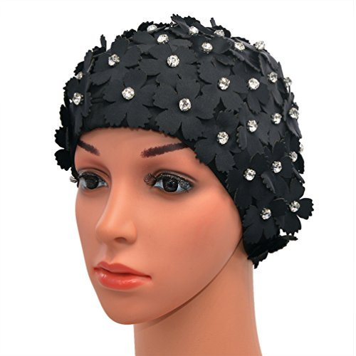 Medifier Cuffia da nuoto in stile rétro con strass e motivo floreale, da donna, donna, Nero , one size fit all