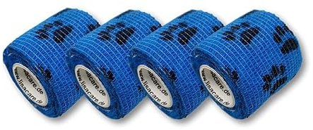 LisaCare Pfotenverband 5cm x 4,5m | 4er-Set mit Pfoten Motiv - BLAU | Kohäsive Bandage | Wundverband | Pflasterverband | elastisch, dehnbar, selbsthaftend, ohne Kleben