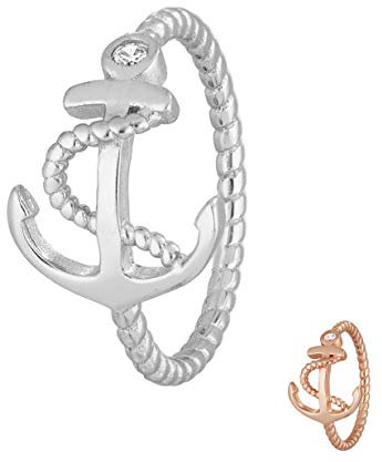 Treuheld® | Anker Ring aus 925 Sterling Silver | Silber mit Zirkonia Kristall Steinen | Ringgröße 58 | Größe Schiffsanker: 12 x 15mm | Damen