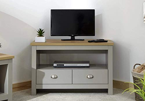 GFW Lancaster Grey and Oak Corner TV Cabinet, 2 Drawer TV Unit with Storage Shelf, Country Style Entertainment Stand