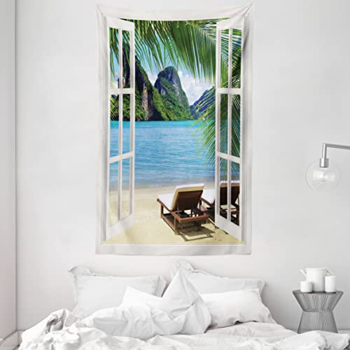 ABAKUHAUS Strand Wandteppich und Tagesdecke, Palmen und Meer Sommer aus Weiches Mikrofaser Stoff Waschbar ohne Verblassen Digitaldruck, 140 x 230 cm, Weiß Grün