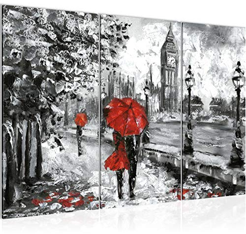 Runa Art Londres Peinture Tableau Salon XXL Rouge Gris Peint 120 x 80 cm 3 Parties Decoration Murale 024331a