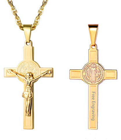 PROSTEEL Herren personalisiert Kette 18k vergoldet Kruzifix Kreuz Anhänger Benediktuskreuz Religiöse Halskette Name Texte Gravur für Männer Jungen