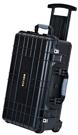 MEIJIA All Weathe Waterproof Hard Case with Retractable Pull Handle and Rolling Wheels, Customizable Fit Foam Inserted, Fit for Camera,Drones,Equipment,Elegant Black (22.06X17.93X10.43)