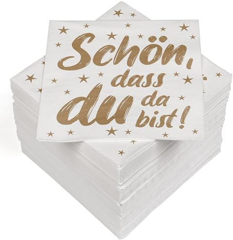 HEKU 100 Servietten, 3-lagig, 33x33cm, Schön Dass Du Da Bist in gold I Saugstark und praktisch verpackt I Ideal für besondere Anlässe
