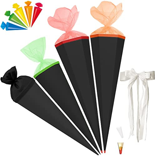 Set_ Schultüte - Rohling - SCHWARZ & grün + 5 kleine Zuckertüten - 70 cm - mit Holzspitze - rund - incl. große Schleife - Filzabschluß - Zuckertüte - Roth - ..