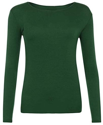 Womens Long Sleeve Stretch Plain Round Scoop Neck T Shirt Top Ladies Fitted Tee (Bottle Green, 16-18)