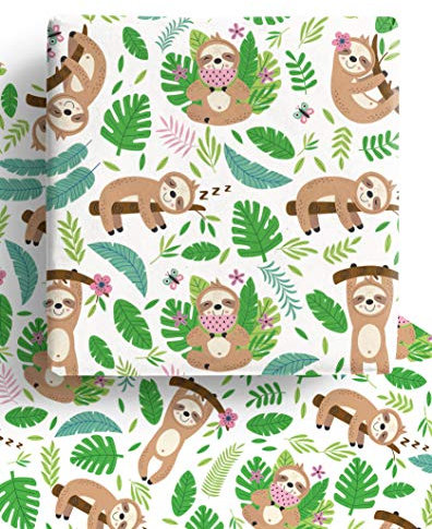4 x Cute Sloth Eco Wrapping Paper Sheets - 70cm x 50cm - Premium Recyclable Gift Wrap Made in the UK