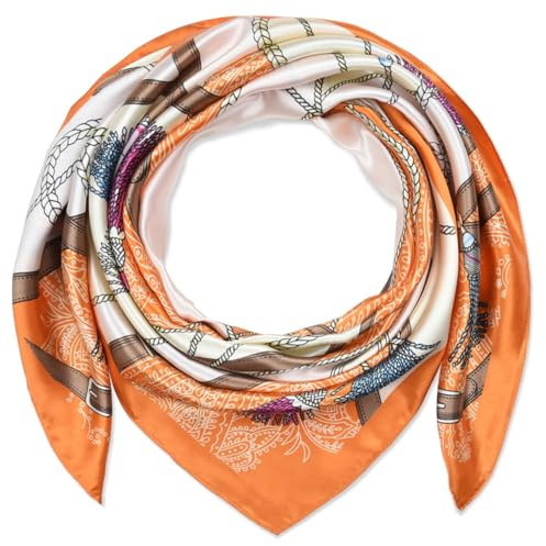 corciova 35 x 35 Large Square Hair Scarf for Women Silk Like Curly Headband Tie Sleeping at Night Fashion Bandana Headscarf, 686 Carrot Orange Belts, 1 Pcs