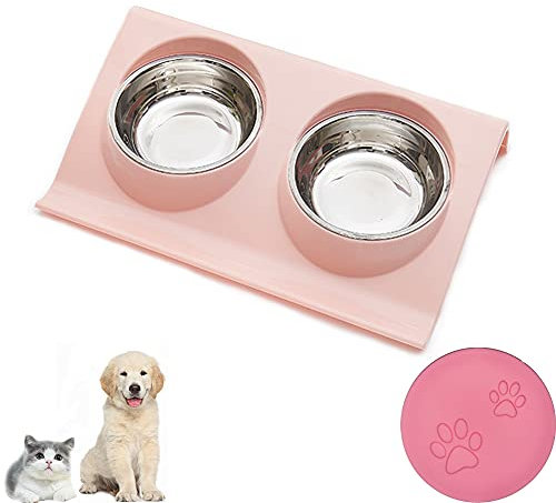 Ciotola per Gatti in Acciaio Inox, Pet Ciotole Doppia, Gatti Ciotola Portatile,（1 coperchio per lattina/barattolo in omaggio） (Piccolo, Rosa)