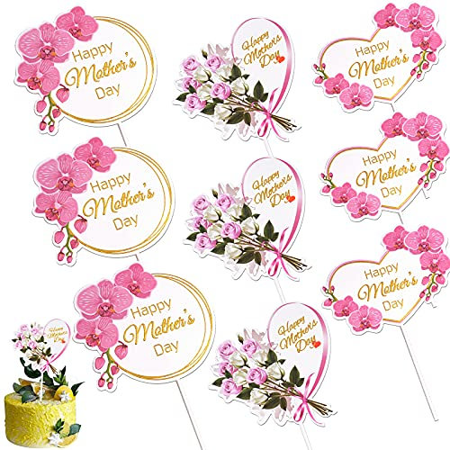 BETESSIN 9 Pcs Happy Mother's Day Cupcake Topper Heart Cupcake Picks Paper Cake Insert Topper Decorations Dessert Adornment for Mom Mother Birthday Cake Favors Mother's Day Party Supply
