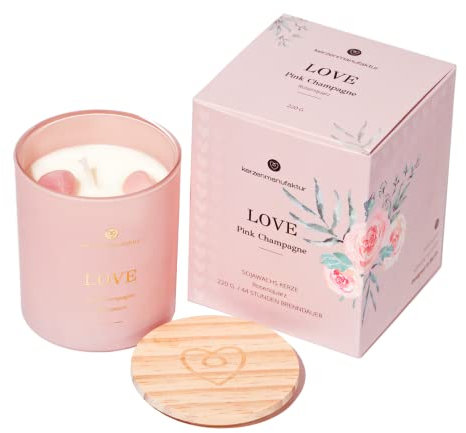 Kerzenmanufaktur Love Scented Candle Soy Wax Crystal Candle (220 g) Rose Quartz Vegan Candle in Glass with Romantic Fragrances of Pink Champagne (Raspberry, Rose Petals)