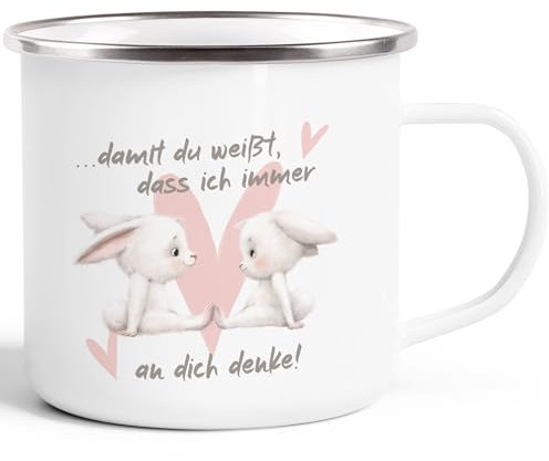 SpecialMe® Emaille-Tasse Spruch Geschenk Liebe Freundschaft Hasen-Paar Herz Damit du weißt dass ich an dich denke Emaillebecher weiß-metall Emailletasse