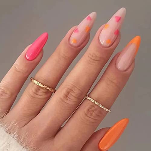RUNRAYAY Red & Orange French Press On Nails Almond Shape, Love Design Fack Nails for Women Girls, Nude Nails Press On Full Cover Nails Tips for Salon Nail