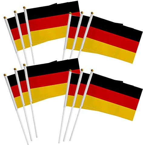 Pequeña bandera de Alemania, 12 unidades de bandera alemana con manos alemanas, bandera de Alemania con 30 cm de polo blanco para Campeonato de Europa 2022 de la Copa del Mundo de la casa de jardín