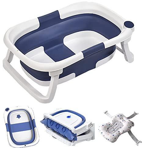 Faltbare Baby Badewanne Kinderbadewanne Faltbadewanne Einsatz Baby-Duschwanne Klappbare mit Sitzkissen Platzsparend Bathtub für Neugeborene, Kleinkinder (Blau)