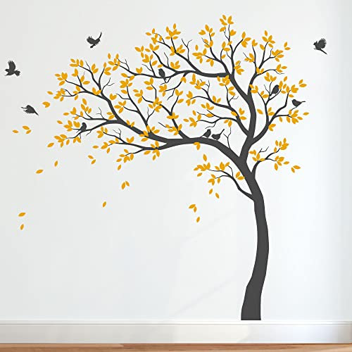 Großer Baum Wandaufkleber Kinderzimmer Wand Baum Aufkleber mit Vögeln Baum Wandsticker Wandtattoo Vinyl Wanddekor KW032 (Äste nach links, Dunkelgrau; Signalgelb)