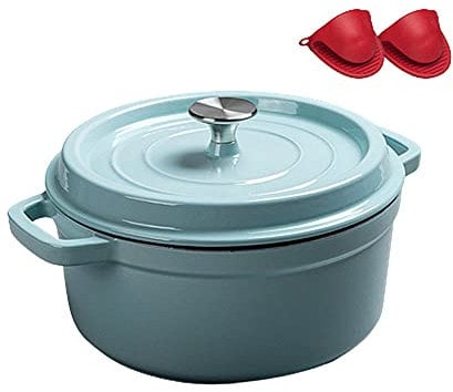 Ollas de Hierro Fundido Esmaltado, Redonda Cacerola de Hierro Fundido de 1.8L 20 cm, 2.8L 22 cm, 3.8L 24 cm, con Tapa para Todo Tipo de Cocinas Blue 20cm