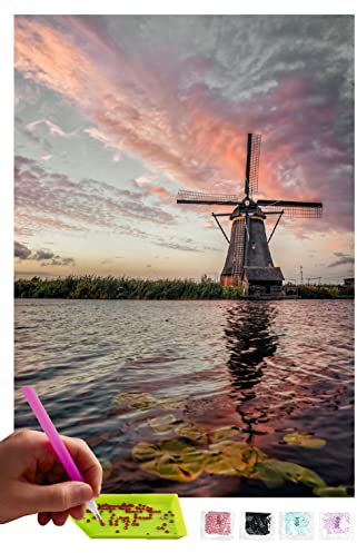 MISHBAY Diamond Painting Windmühle - 30x40cm Diamond Painting Erwachsene - Diamant Painting Bilder - DIY 5D Satz Wand Dekor Diamantstickerei