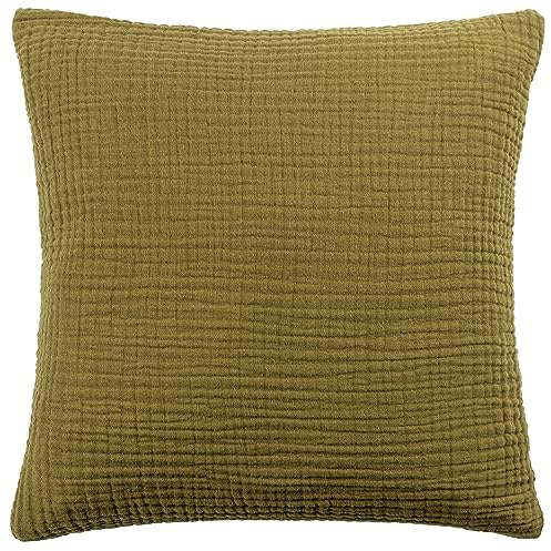 Yard Lark Feather Filled Cushion (Khaki, 45 x 45 cm) | Soft Minimalistic Textured Muslin Cotton Decorative Pillow