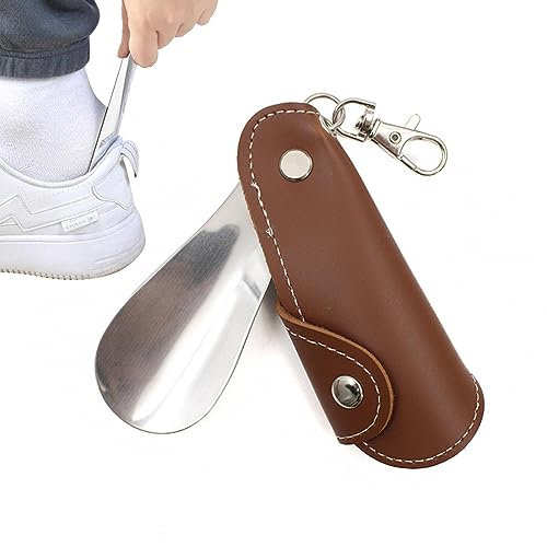 PW TOOLS Shoe Horn Keychains, Stainless Steel Shoehorn with PU Leather Case Keyring, Small Shoe Horn Lazy Shoe Helper, Shoe Horns for Men Women The Elderly Kids