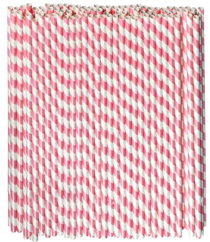 Lot de 100 pailles jetables en papier à rayures roses et blanches – 26 cm de long, 0,6 cm de large, pour anniversaires de filles, fêtes, fêtes prénatales