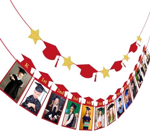 Whaline 2Pcs Graduation Photo Banner, Congrats Grad Banner, No DIY Require Hanging Bunting, Kindergarten to 12th Grade Picture Garland, Red Gold Glitter Banner for Grad Party Decor, 5 x 7 inch