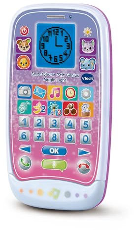 VTech - Smartphone P'tit Genius Magic Light Rosa, Spielzeugtelefon mit Hintergrundbeleuchtung, 10 Aktivitäten und Lernspiele, Lichteffekte, Geschenk für Kinder von 2 bis 6 Jahren – Inhalt in