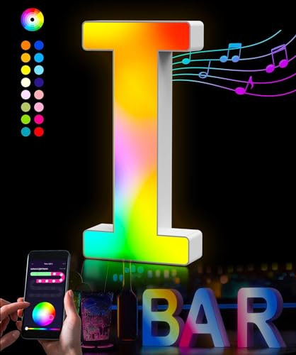 LED Buchstaben Lichter Alphabet - LED Brief Licht mit USB-Netzteil，APP-Kontrolle Musik Sync Dimmbar für Geburtstag Weihnachten Hochzeit Party Valentinstag & Festival Dekoration (I)