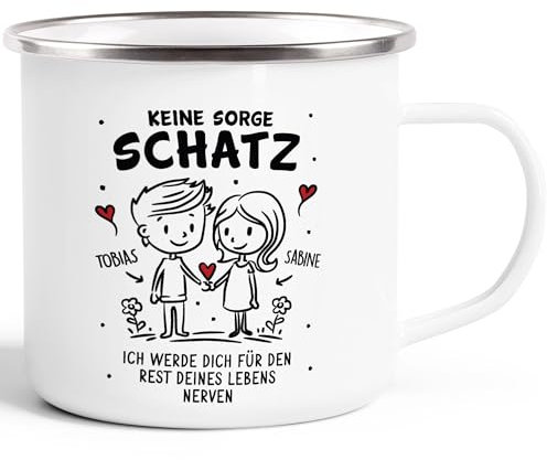 SpecialMe® Emaille-Tasse Liebe Geschenk Lustig Keine Sorge Schatz Strichmännchen Paar mit Namen Jahrestag Valentinstag emaille-weiß-silber standard