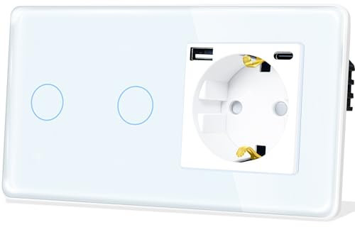 TAWOIA Interruptor de luz táctil con enchufe (máx. 20 W) USB y tipo C, estándar de la UE 1 enchufe, 2 vías, interruptor de luz empotrado con placa de cristal curvado 2,5D 86 x 157 mm, color blanco
