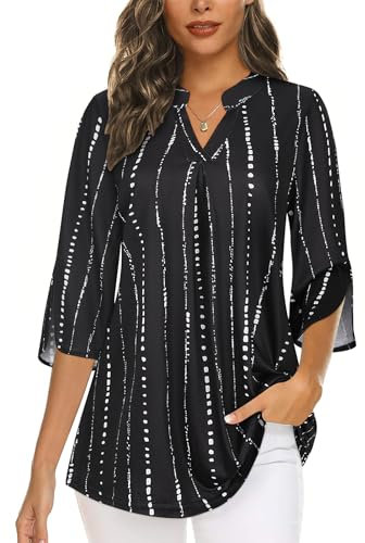 Flikity Womens Tops 3/4 Sleeve Blouses for Women UK Casual Dressy Shirts for Business Attire Elegant Ladies Tops V Neck Professional Office Work Swing Tunics Tops Black Stripe Large