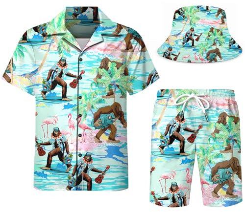 Nosirhoc 2-teiliger Trainingsanzug für Herren, lustige Hawaii-Hemden für Herren, Button-Down-Shirt, Shorts, Rave-Outfits mit Eimerhüten, Farbe 15, Small