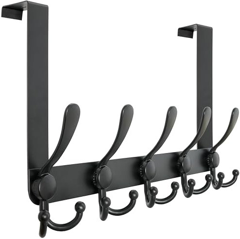 Dseap Over Door Hook 2.0 - Upgraded - Simple-Assembly, Strong, Heavy-Duty Stainless Steel 5-Tri-Hook Over The Door Hanger Rack, SimpleStrong Series, Black