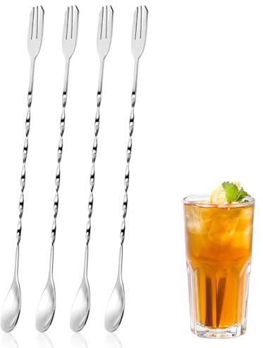 OIGWBPH 4pcs Cucharas de Cóctel de Acero Inoxidable Cuchara de Agitación de Mango Largo en Espiral Cuchara de Barra Cuchara Tridente para Bar y Cóctel