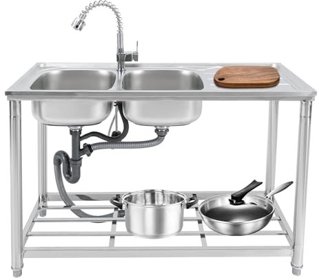 Restaurant-Spüle Doppelspüle mit Werkbank Mobile Spüle Edelstahl Spültisch 2 Becken Einem Ausziehbaren Wasserhahn Freistehende Spültisch Komplettes Set Tragfähigkeit 100kg