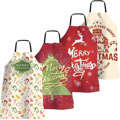 4 Pezzi Grembiule Natalizio Divertente Natale Grembiule da Cucina per Donne e Uomini Regolabili Grembiule da Cucina Impermeabile per Cucina Barbecue Festa di Natale Regalo di Natale, Modello Natalizio