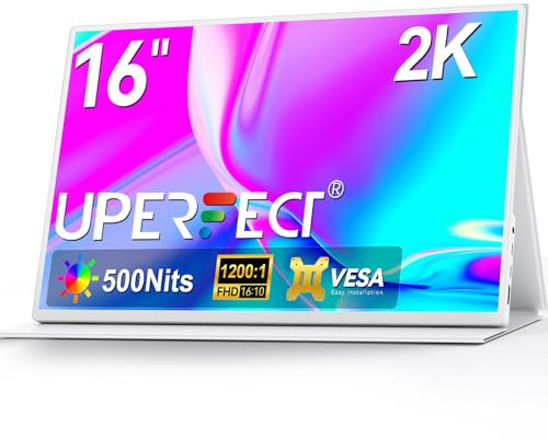 UPERFECT Portable Monitor 2K 16 Zoll Tragbarer Monitor mit 500 Nits Helligkeit 1200:1 2560 * 1600 IPS Bildschirm HDMI USB C für PC Laptop Handy Xbo Switch PS4/5, Metallgehäuse, VESA-kompatibel, Weiß