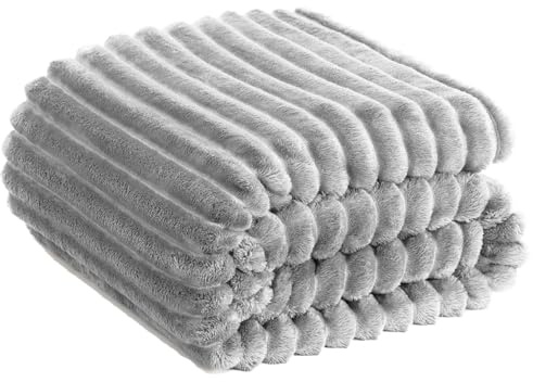 Soft Fleece Blanket Throws - Fluffy Warm Double King Luxury Osum Ribbed Throw for Bedroom, Sofa Couch, Night Bed Blankets (Grey, King (200x240 cm))