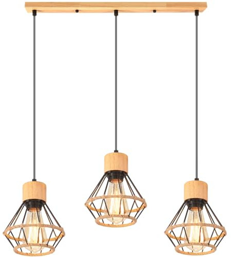 3 Luces Lampara Colgante E27 Vintage Industrial Lámpara de Techo Colgante Negro Metal con Cuerda de Cáñamo Retro Iluminación Para Cocina Comedor Sala de estar (Modelo B,barra,madera)