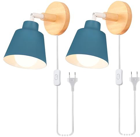 iDEGU 2 Pack Appliques Murales Rétro Vintage E27 Luminaire Industriel en Bois et Métal Réglable Lampe Murale Interieur avec Prise et Interrupteur Applique Moderne pour Chambre Salon Café (Bleu Oxford)