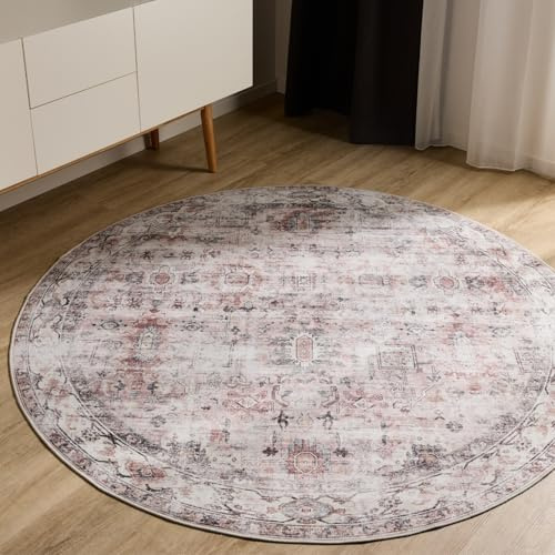 benuta Basic Waschbarer Teppich George - Creme/Taupe 160 cm rund - Kunstfaser - rund & im Style: Vintage, Elegant, Retro - Pflegeleicht für Wohnzimmer Schlafzimmer