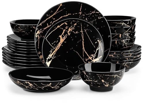 LOVECASA Tafelservice porzellan, Serie Daphne, SWEET 24-teiliges Kombiservice Set, Ess Geschirrset mit Goldspritzer Design, Speiseteller, Dessertteller, Müslischalen und Suppenteller für 6 Personen