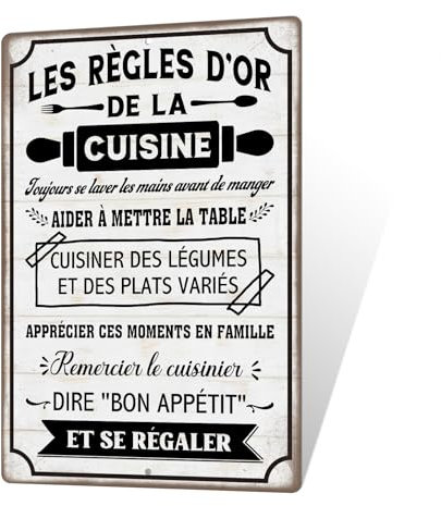 Putuo Decor Plaque Métallique Règles d’Or de la Cuisine, Panneau Déco Vintage en Aluminium, Idéal pour Cuisine et Salle à Manger, 30x20 cm